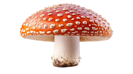 Isolated on white, a classic red and white fly agaric mushroom, also known as Amanita muscaria, stands as a striking symbol of autumn nature's poisonous isolated on white transparent background PNG