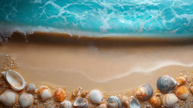 Summer beach scene with seashells and sand as a background