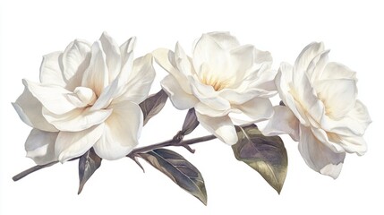 Watercolor Gardenias: Four White Flowers on Clean Background