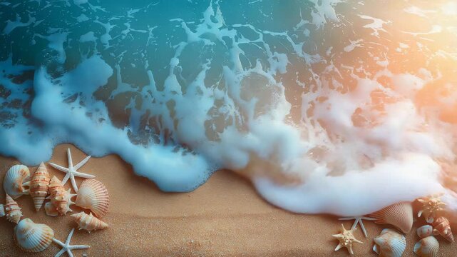 Summer beach scene with seashells and sand as a background