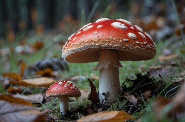 vivid red mushroom with white spots in a natural forest setting