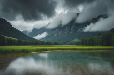 majestic mountain landscape with reflection in a calm lake under moody skies