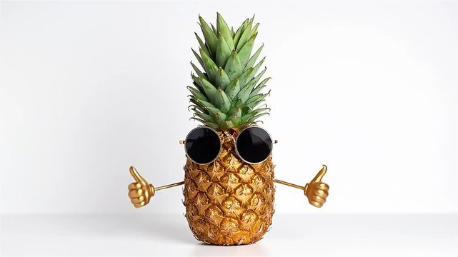 Happy cartoon pineapple character with arms raised in celebration against a soft background