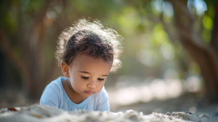 A curious, playful young Black girl explores sandy mysteries, evoking World Nature Conservation Day and Juneteenth celebrations