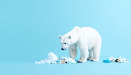 Fototapeta premium Polar bear scavenging through scattered trash on a light blue background highlighting environmental issues and wildlife interaction with pollution