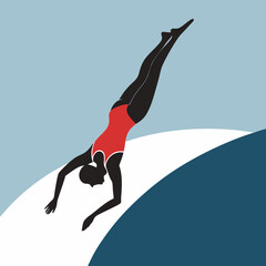 Female diver in red swimsuit gracefully diving into the pool from the edge in a minimalist design