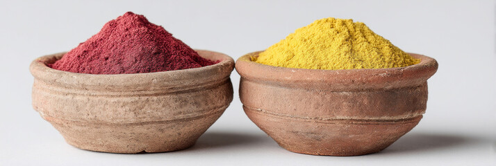 Terracotta bowls brim with vibrant pigments, reflecting Holi's exuberance and artisan craft's rustic authenticity, celebrating color and creation