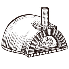 Italian Pizza Fireplace. a Traditional Neapolitan Oven for Cooking and Baking Pizza. Hand Drawn Design Element. Vintage Engraving Illustration for Logotype