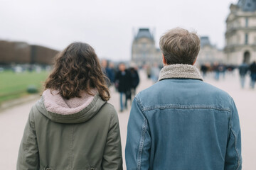 Fototapeta premium Two young adults, Caucasian, explore an overcast urban tapestry, channeling Wanderlust Day and Eurochic adventure amidst historic whispers