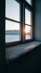 Frozen dawn peeks through frosty windowpane, whispering ephemeral magic, Winter Solstice tranquility, hygge warmth against icy serenity