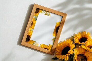Sunflower field photo frame mockup with wooden border on white surface.