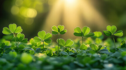 Obraz premium Close-up of vibrant clover leaves on a soft green blurred background 