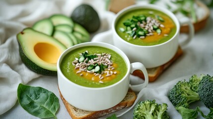 Food photography of two cups of green soup