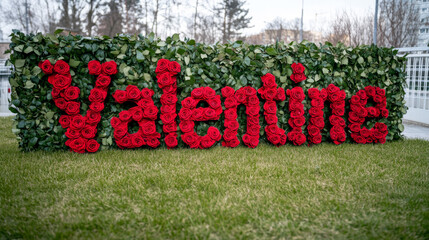Red rose letters spell Valentine amid verdant foliage, evoking romance and celebration, perfect for Lupercalia or Sweetest Day