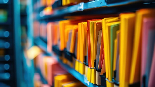Organized file folders in vibrant colors are neatly arranged on shelves, showcasing systematic approach to document management. This evokes sense of order and efficiency in workspace