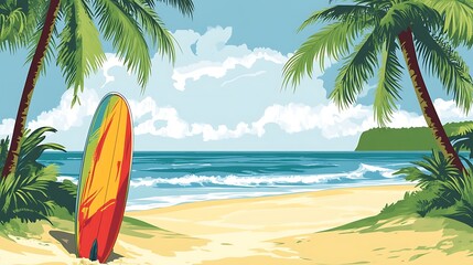 Colorful beach scene with a surfboard.
