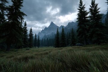Dramatic sky over majestic mountains towering above a lush green valley