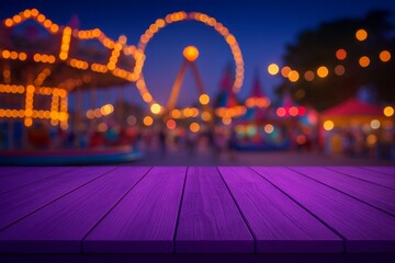 Purple Wooden Tabletop Night Fair Ferris Wheel Carnival Background Festive Lights Amusement Park Blurred Bokeh Magical Atmosphere Dreamy Scene Summer Fun Entertainment Fairground dark rides games     