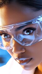 Young female scientist wearing protective glasses, conducting precise research in high tech laboratory, examining scientific experiment with concentrated professional approach