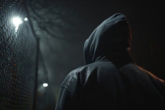 Hooded man walking near fence in foggy night