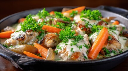 Delicious chicken coq au vin with carrots and herbs in a rustic cast iron pan