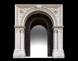 Obraz premium Ornate stone archway with dark wood double doors, isolated on black