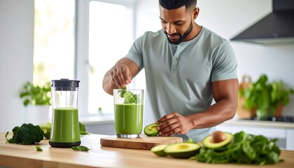 Man preparing a green smoothie in a bright kitchen