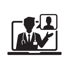 Telemedicine or telehealth virtual visit video visit with male doctor on laptop computer flat vector icon for healthcare apps and websites. Vector black silhouette. with white background