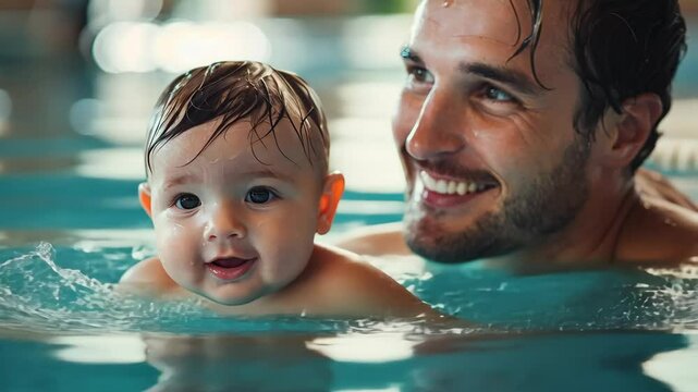 baby with dad swimming in pool smiling, early child development, child care, aquatic therapy, early education