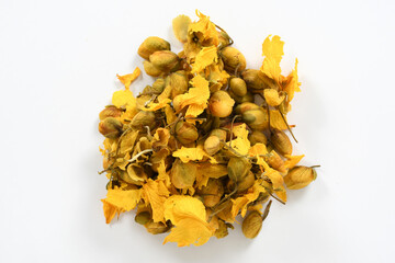 High-resolution image of dried Ranawara flowers, also known as Cassia Auriculata or Ranawara Mal,...