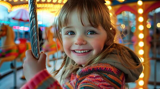 child riding carousel horse at amusement park smiling with joy, carefree childhood and leisure concept of family entertainment, amusement industry, tourism marketing