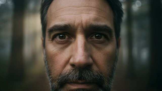 Mature man looking directly at the camera in a dense forest  