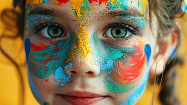 child face me with face painting close up, concept of kids entertainment, events, face painting services, party industry, entertainers