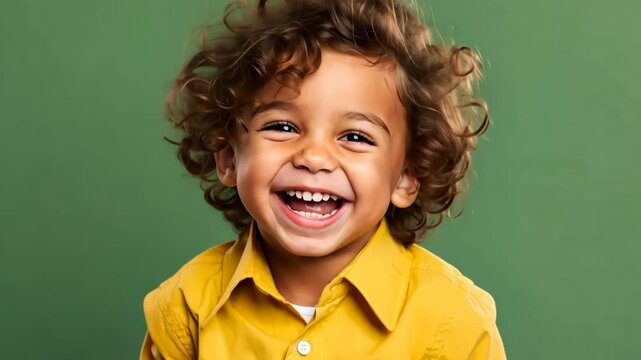 laughing boy aged 4 to 6 years old on plain background, child happiness, emotional development, carefree childhood, playfulness and expressive personality