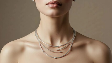 Elegant woman wearing layered silver necklace against neutral background  