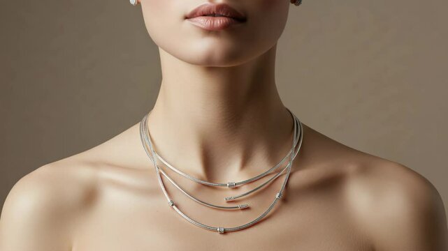 Elegant woman wearing layered silver necklace against neutral background  