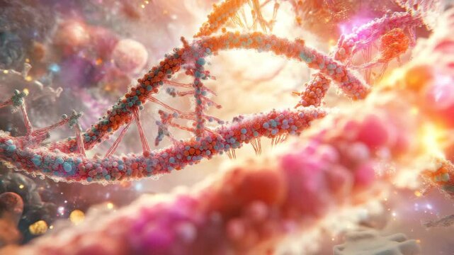 Mutated DNA strands moving through a vibrant cellular environment, A close-up view of mutated DNA moving inside the human body