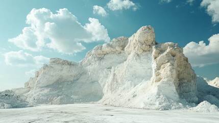 Large-scale gypsum mining occurs in an open-pit site, highlighting the distinctive appearance of the raw gypsum material against a clear sky. Heavy equipment is used in the extraction process