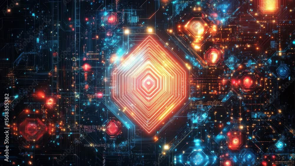 Poster Complex hexagonal shapes create a vibrant abstract background with colorful lights and intricate patterns, abstract background of complex hexagonal shapes the concept of computer memory technology