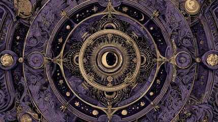 Obraz premium Whimsigoth mandala illustration, intricate circular design with occult symbols, moon phases, celestial bodies, gothic architectural elements, ornate filigree patterns, mystical runes and sigils