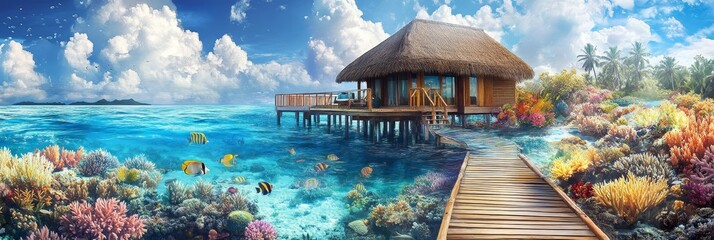 Overwater bungalow with thatched roof and wooden walkway in a tropical ocean setting.