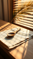 Wooden spoon on linen cloth with sunlight and palm leaf still life kitchenware