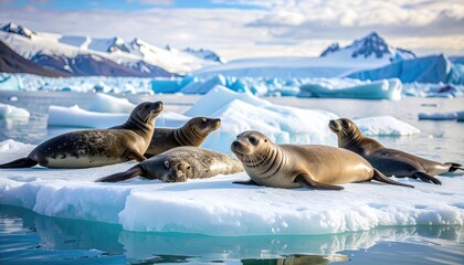 Group of seals lounging on icebergs in a serene Arctic landscape under a bright sky