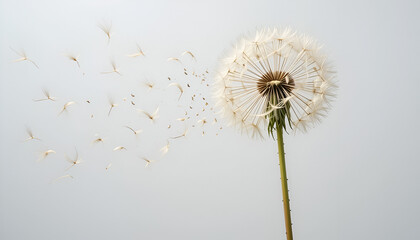Floating dandelion seeds on a clean white canvas reflect loss and comfort, making it ideal for sympathy messages and condolence imagery.