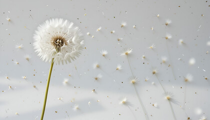 Floating dandelion seeds on a clean white canvas reflect loss and comfort, making it ideal for sympathy messages and condolence imagery.