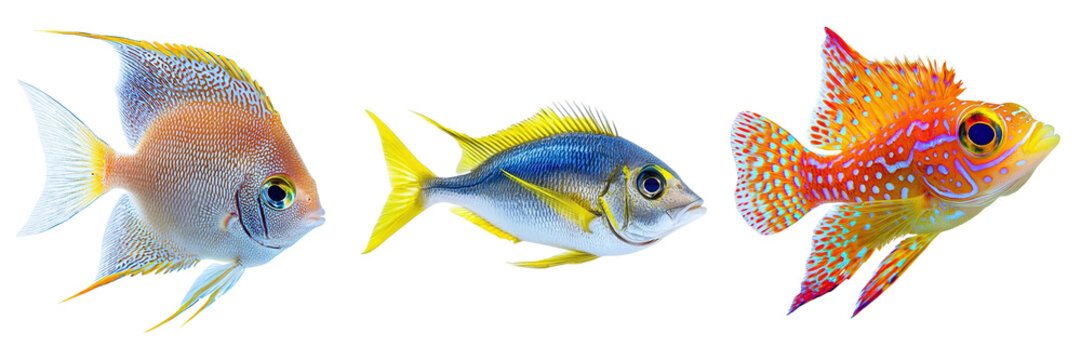 Set of different beautiful aquarium fish isolated on transparent background PNG