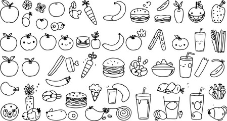 "Hand-Drawn Food Icon Set – Simple Doodle Style Illustrations for Menus, Packaging, and Fun Culinary-Themed Designs"