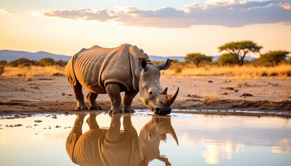 Rhino drinking water at sunset, reflecting in the calm surface of a shallow waterhole in an African savannah landscape