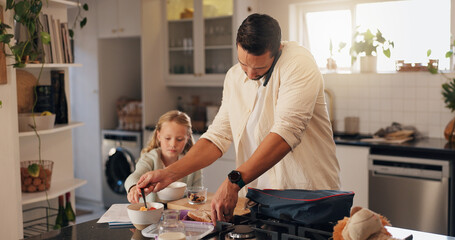 Father, girl and phone call in kitchen, breakfast and multitasking with helping hand, love and care. Dad, child and food with diet, nutrition and packing lunch with healthy meal at family house