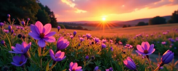 Violet and pink wildflowers bloom at sunset in a picturesque meadow , blossoms, beauty